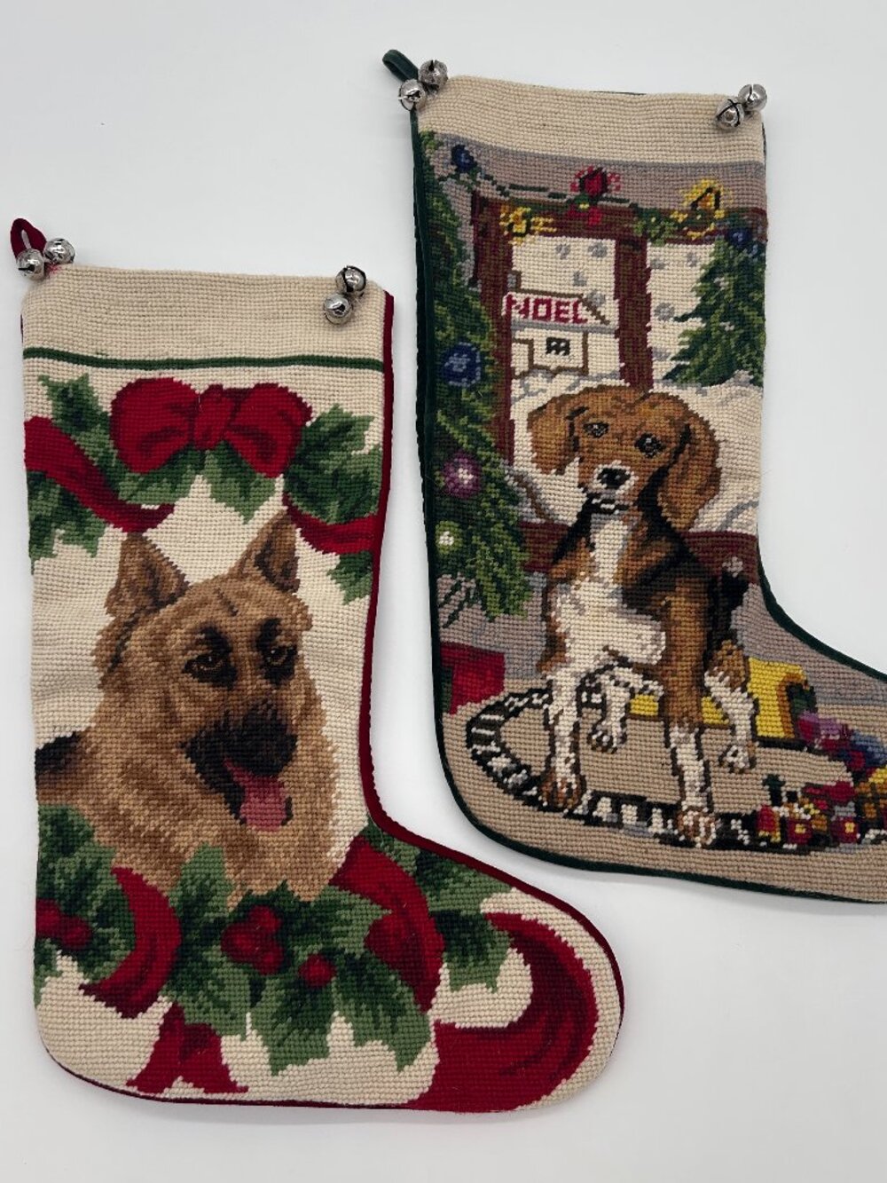 Lot of 2 Wool Needlepoint Christmas Stocking Dog Velvet Orvis? Shepherd Beagle